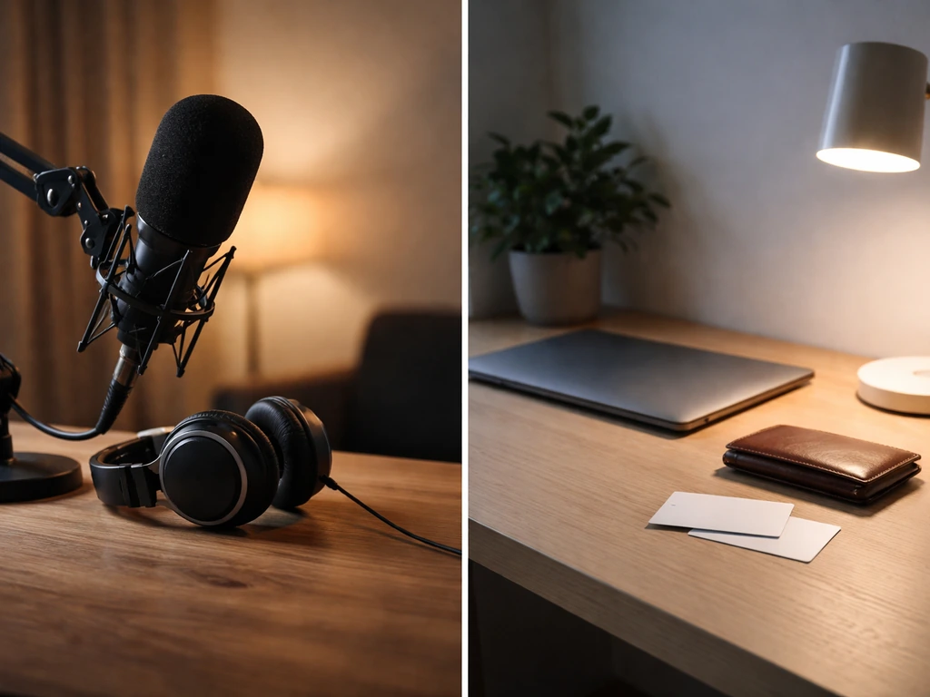 Minimal split scene: podcast desk with mic and headphones on one side, business desk with wallet and laptop on the other