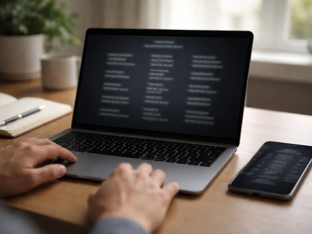 Minimal photo of an anonymous desk setup with a laptop and smartphone showing an IMDb-like credit list without readable