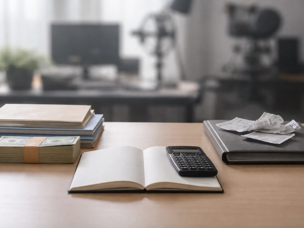 Simple photo of a producer’s desk with invoices and a calculator beside neatly stacked cash and a closed folder