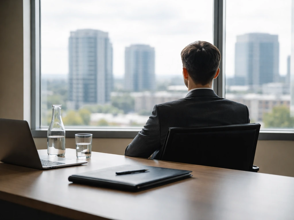 Minimal office scene with a focused business professional silhouette near a window in a Pennsylvania corporate setting