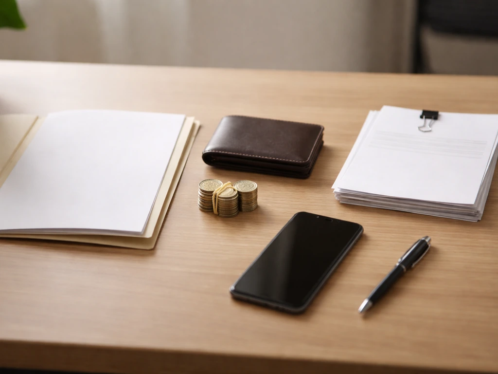 Minimal photo showing simple net-worth concept with assets and liabilities objects in an office setting.