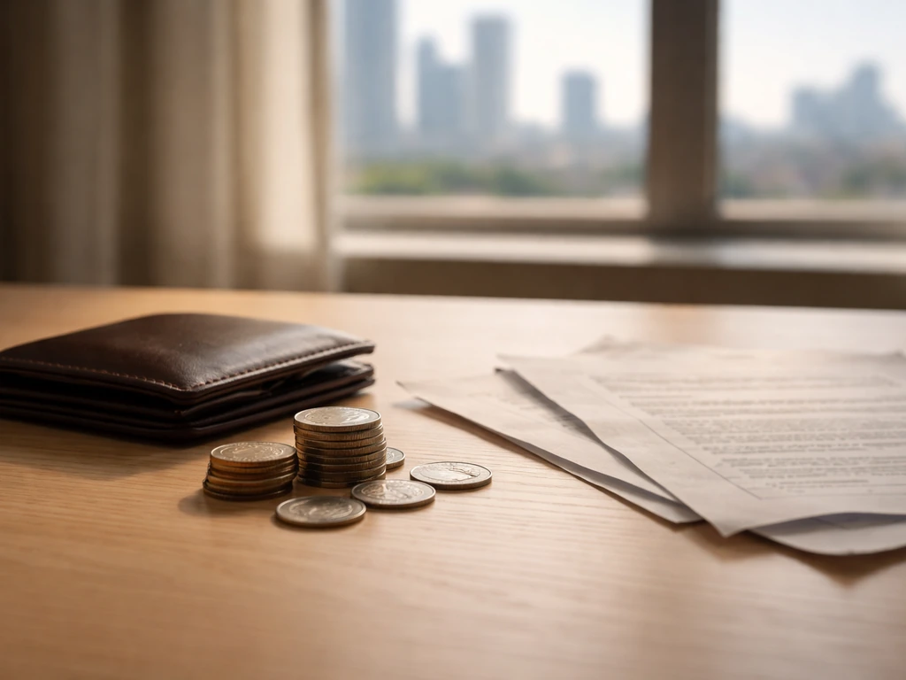 Minimal desk scene with a wallet, scattered papers, and a small stack of coins suggesting changing net worth
