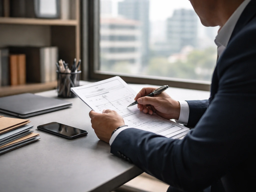 Anonymous executive in a quiet office reviewing documents and using a smartphone for financial verification.
