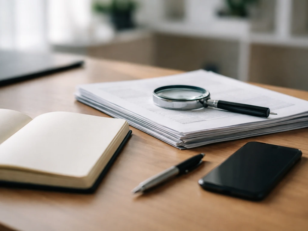 Close-up of anonymous desk with documents, magnifying glass, and blank notebook suggesting net-worth verification.