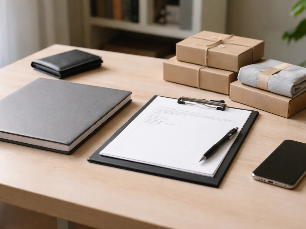 Minimal desk scene with blank licensing paperwork, merchandise boxes, and a wallet—symbolizing media licensing income.
