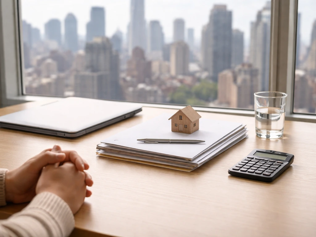 Minimal photo of an organized desk with a laptop, real estate documents, and a city skyline view.