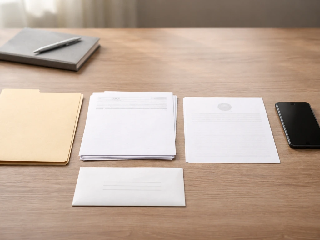 Minimal desk scene with document papers and folders laid out side-by-side for supporting records.