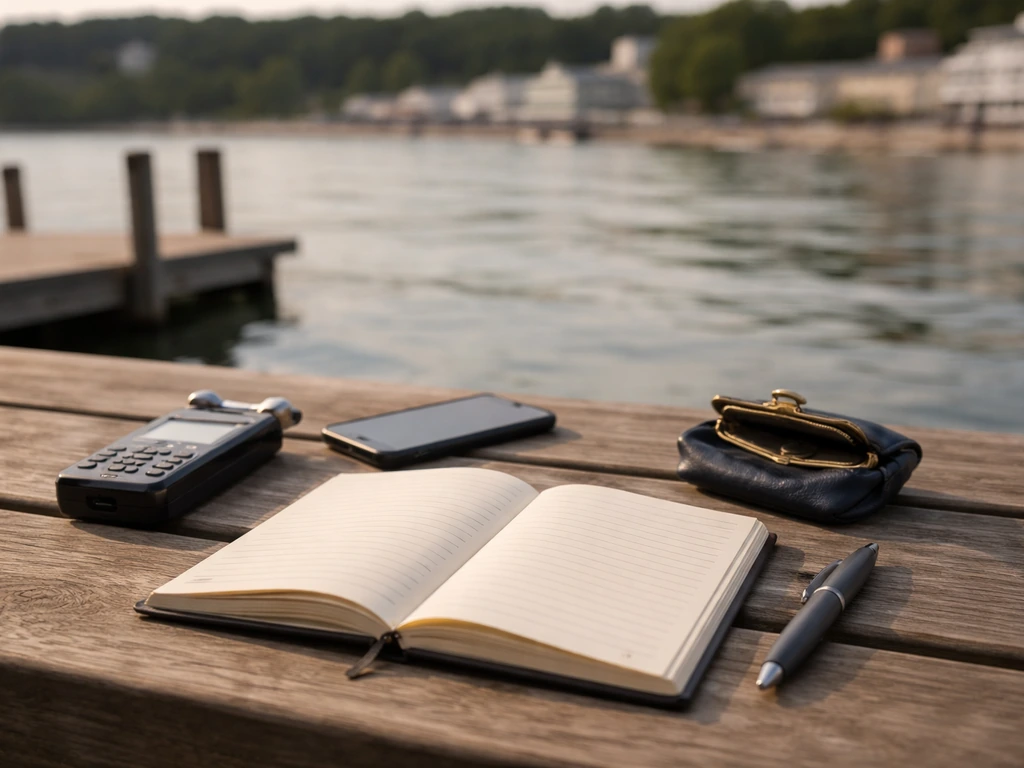 Minimal Mackinac Island dock scene with notebook, coins, and recorder symbolizing net-worth research.