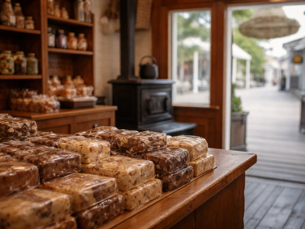 Historic Mackinac Island fudge shop interior with vintage counter and wrapped fudge pieces.