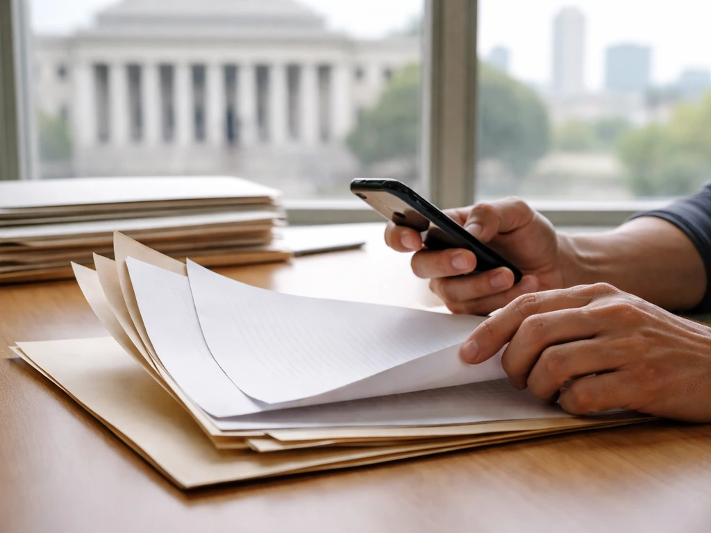 Close-up of hands researching business records on a desk with blurred courthouse files and a city skyline.