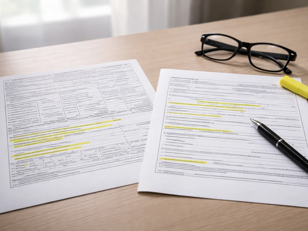 Close-up of two official-looking records on a desk with a highlighter, pen, and glasses for document verification.