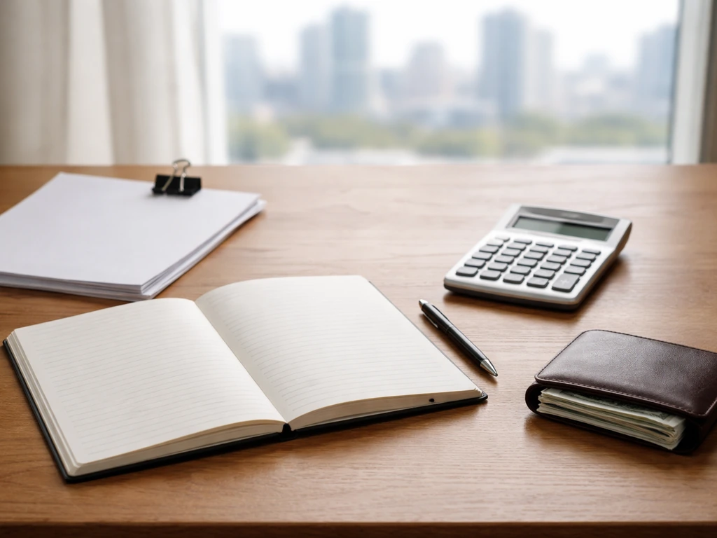 Minimal photo of a business desk with a blurred city skyline and cash-like props symbolizing verified wealth ranges.
