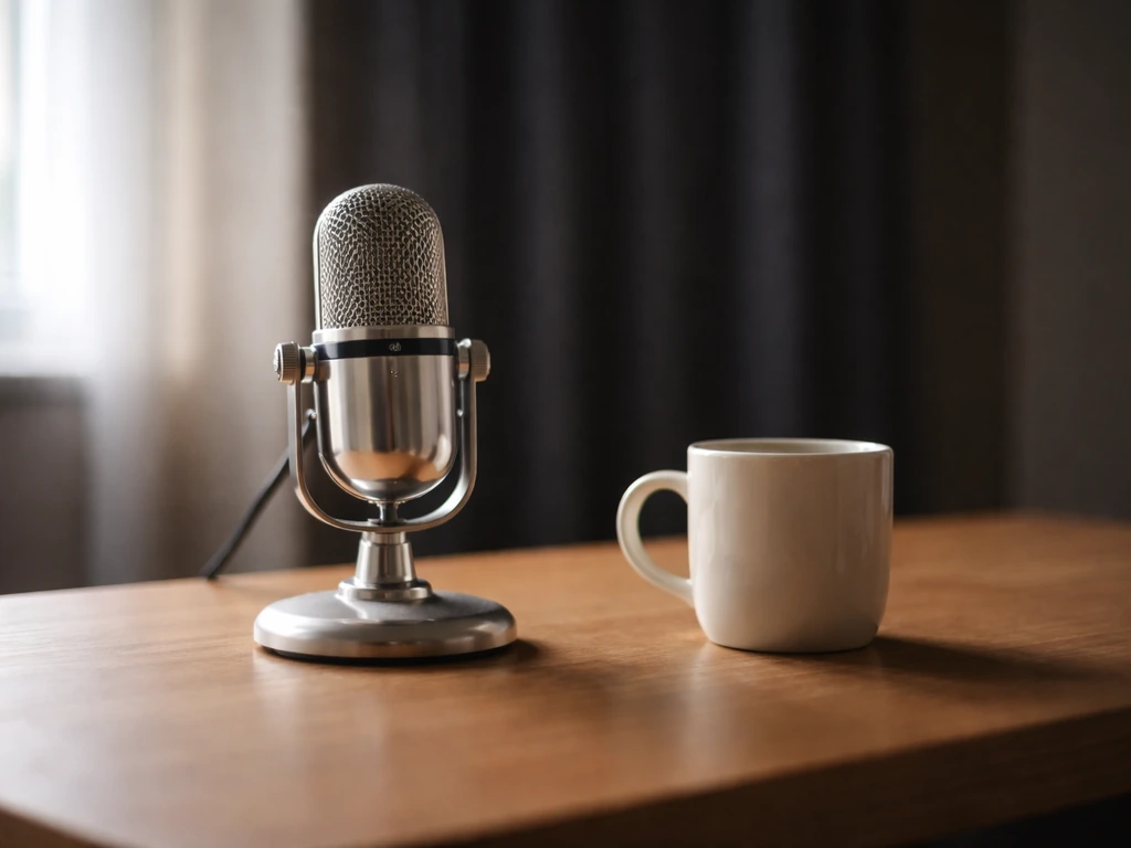 Vintage microphone on a desk in a minimal studio, softly lit—symbolizing media and identity research.