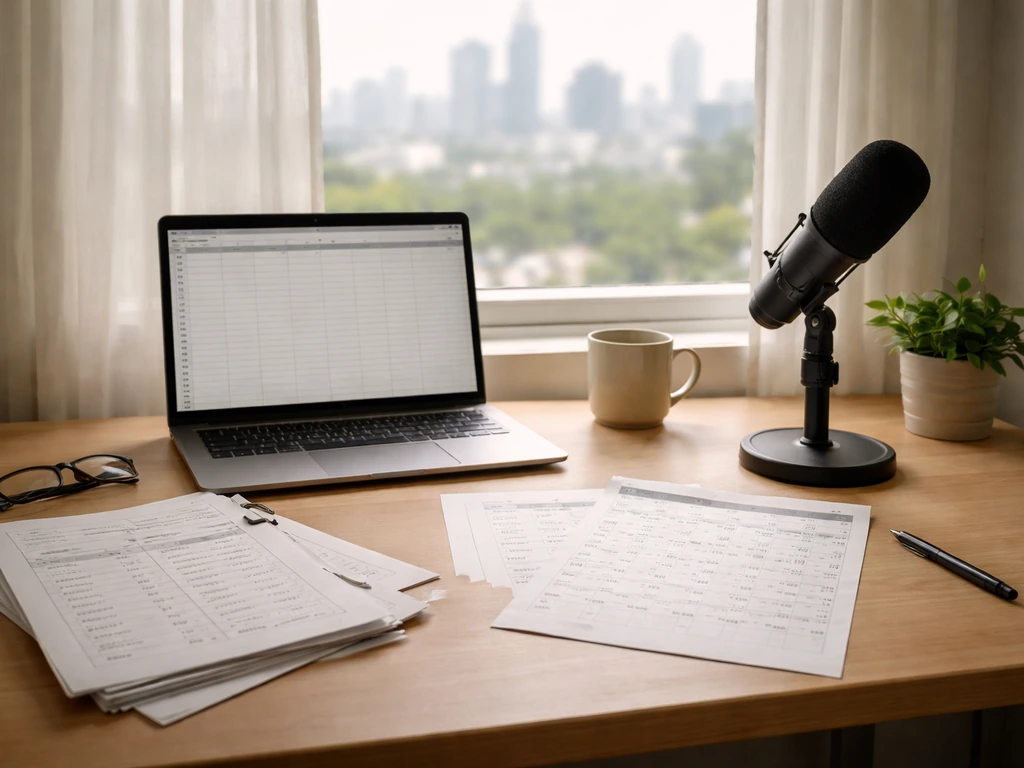 Minimal photo of an anonymous workspace with scattered production and career evidence materials for number estimates