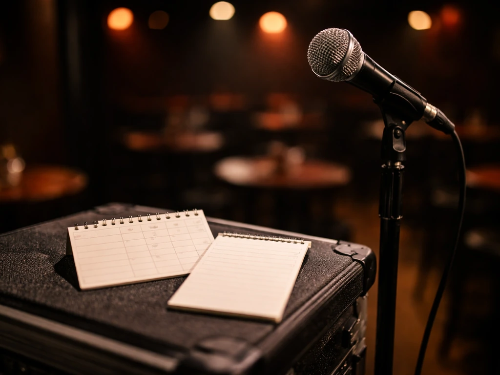 Close-up of a stand-up comedy microphone in a dim club with a calendar-style itinerary cue nearby.
