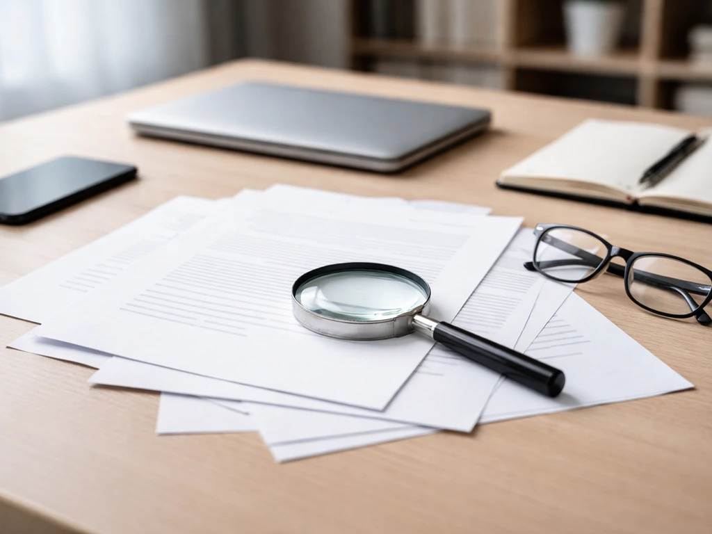 Anonymous desk scene with documents and a magnifying glass symbolizing verification and due diligence.