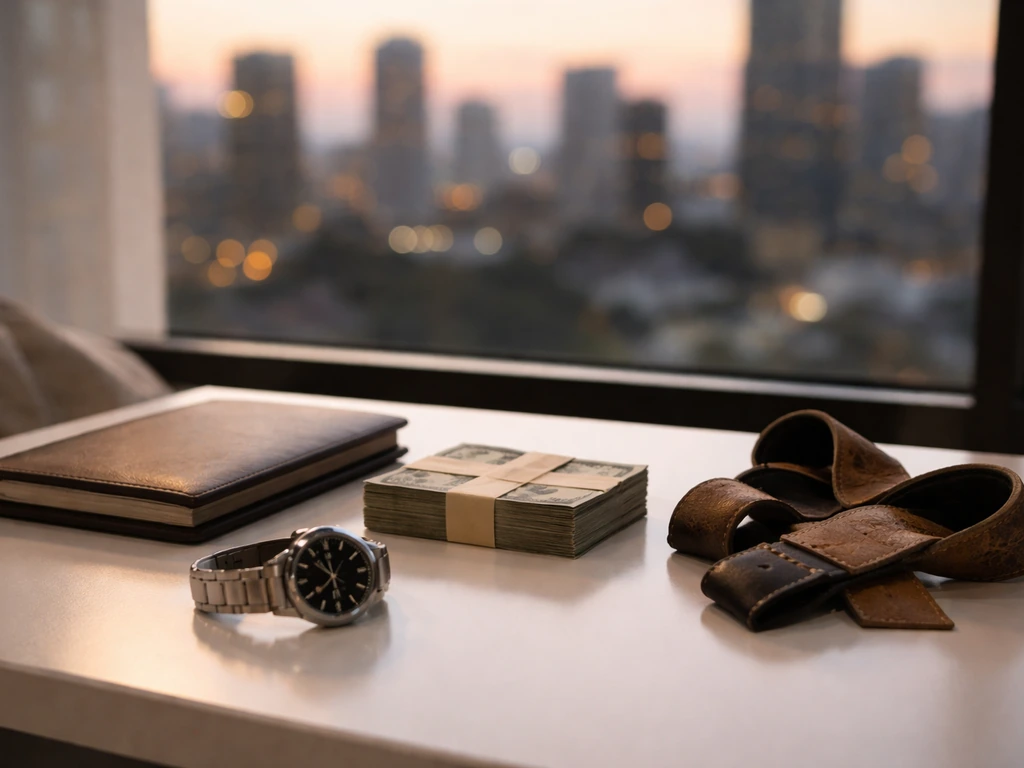 Anonymous luxury office desk with cash, watch, and a fitness-themed magazine near a city window at dusk.