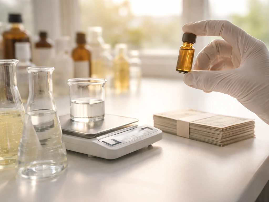 Cosmetics chemist-style lab scene with glassware and a bottle, suggesting beauty industry finance analysis
