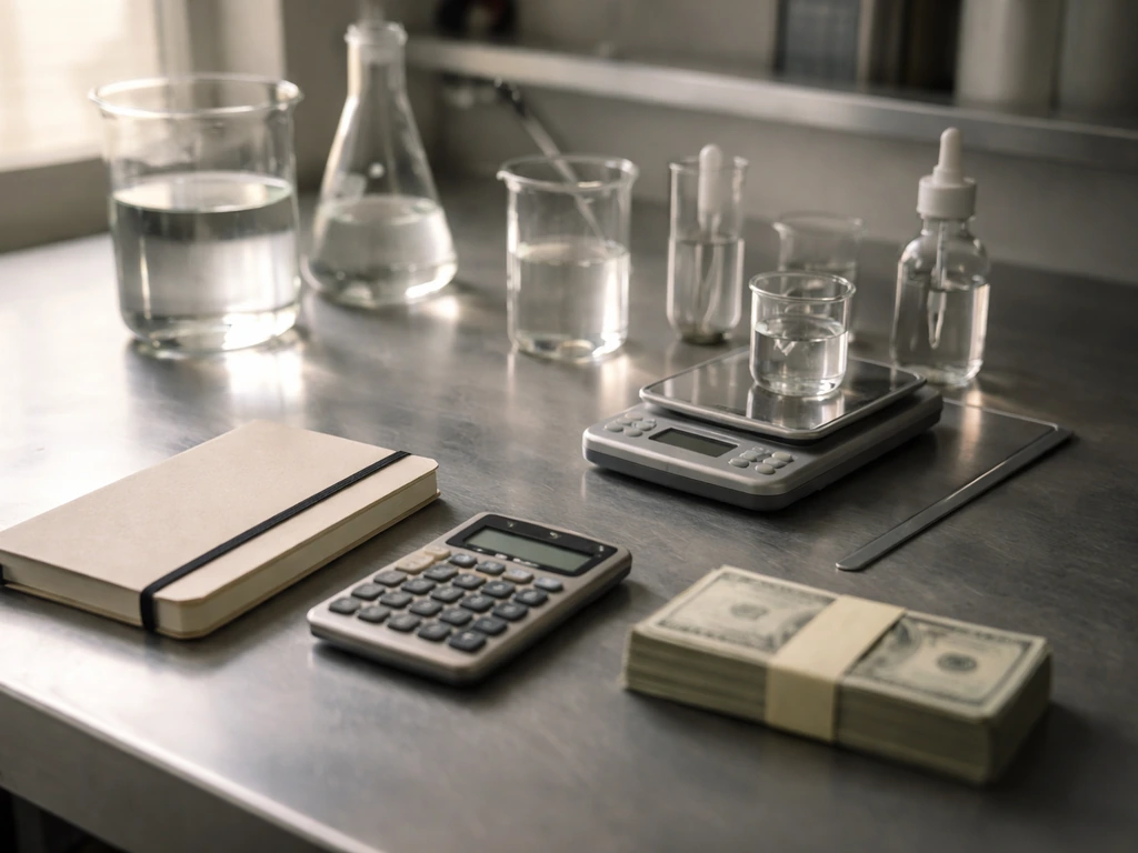 Minimal photo of a cosmetics lab-style workbench with tools and a calculator beside scattered cash-like notes