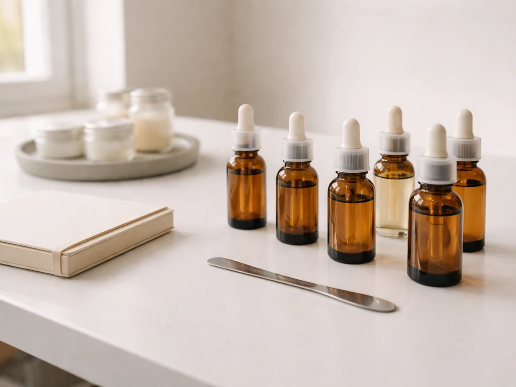 Cosmetics startup prototype scene with skincare bottles and a notebook on a clean workbench