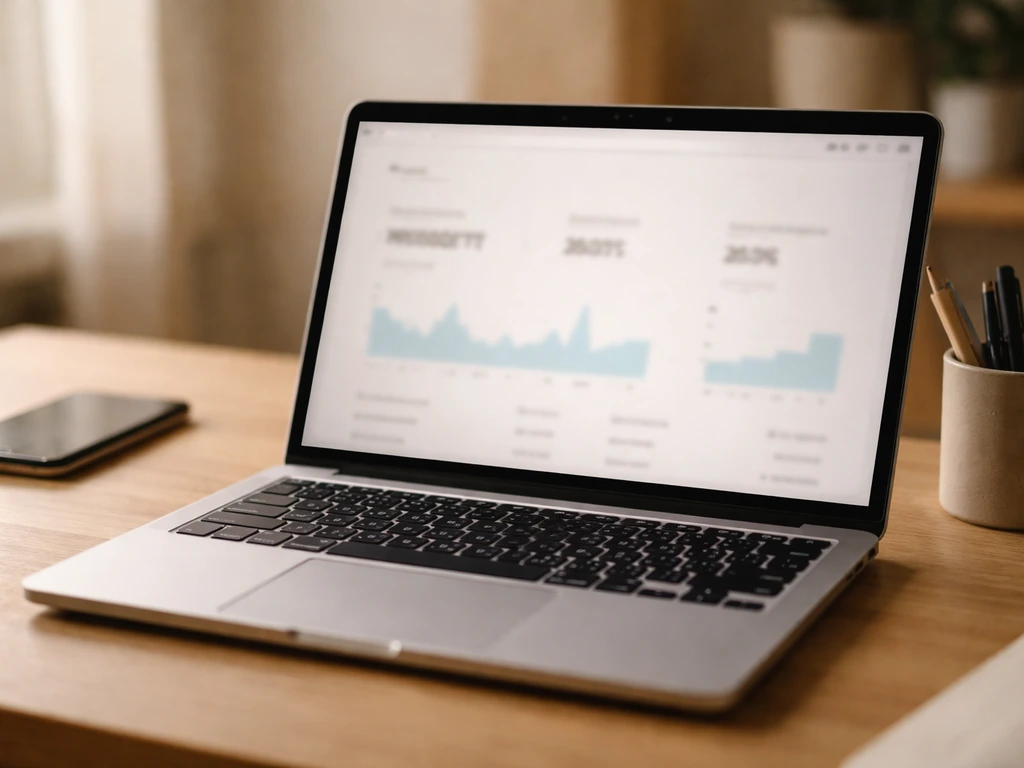 Close-up of a laptop showing blurred video analytics numbers and an earnings-focused media workspace