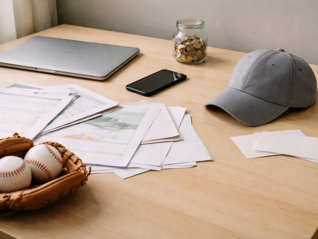 Anonymous athlete financial uncertainty shown with scattered documents and a quiet desk setup