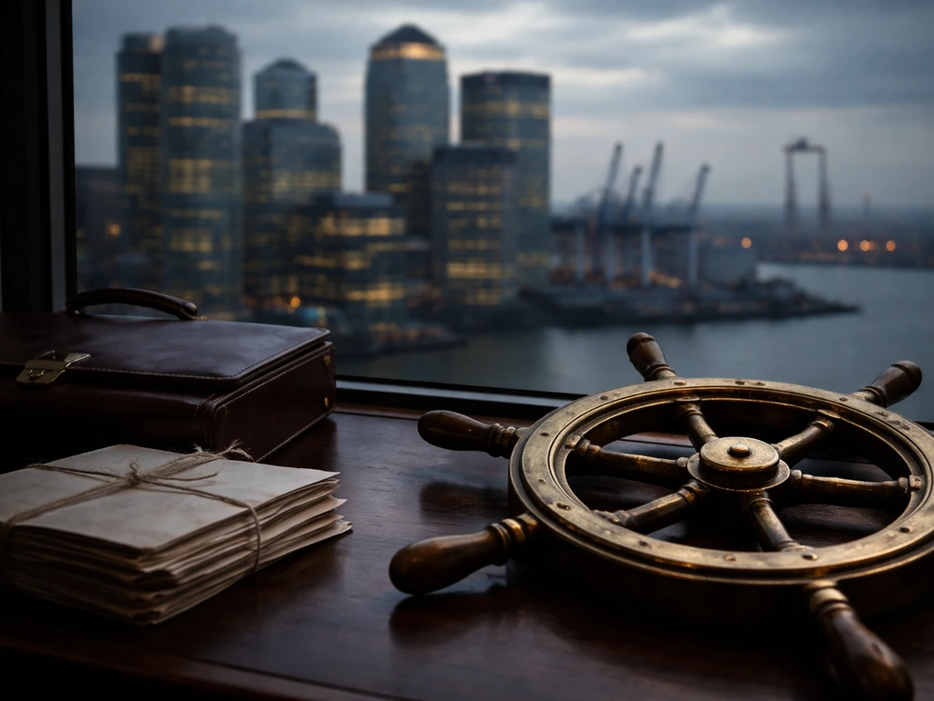 Leather briefcase and bundled papers by a ship’s wheel with a distant port-and-city skyline at dusk.