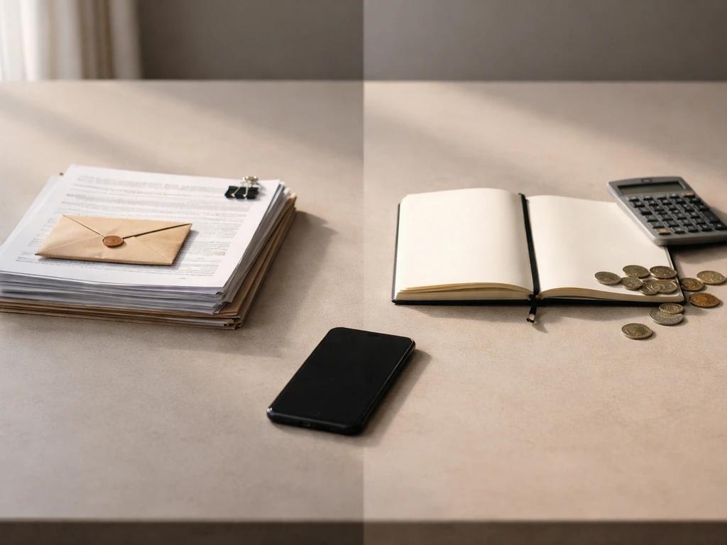 Minimal desk scene with documents on one side and coins/open notebook on the other, symbolizing confirmed vs estimated.