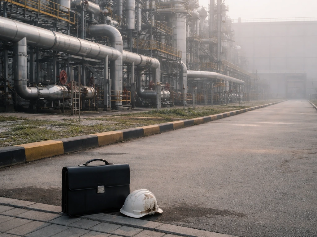Minimal shot of an industrial oil refinery with a briefcase and hard hat, evoking a corporate career era.