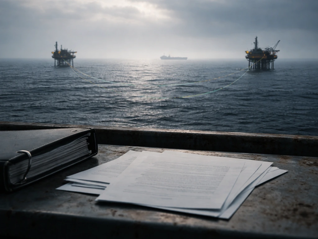 Minimal photo of offshore oil platforms in dark sea with a few blurred shipping lanes and cables