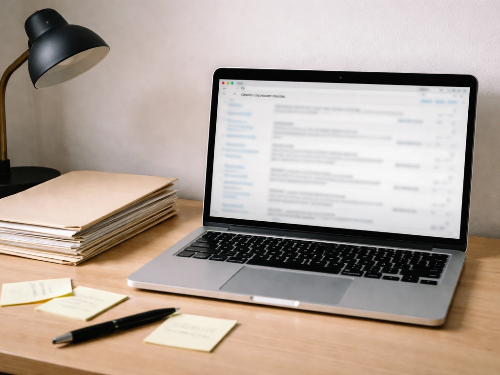 Laptop showing public registry search results beside a document folder for Ghana company filings research.