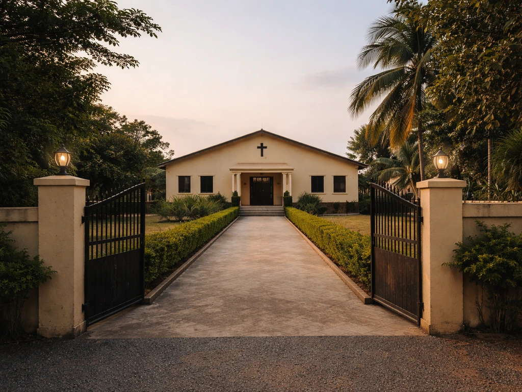 Warm-lit church campus building exterior with entrance walkway and greenery, no people.