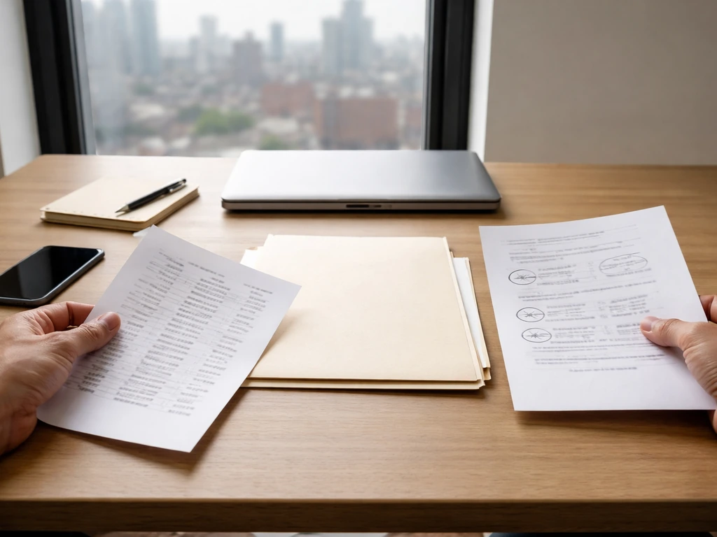 Person at desk comparing papers and online sources, settling on a conservative net-worth range.