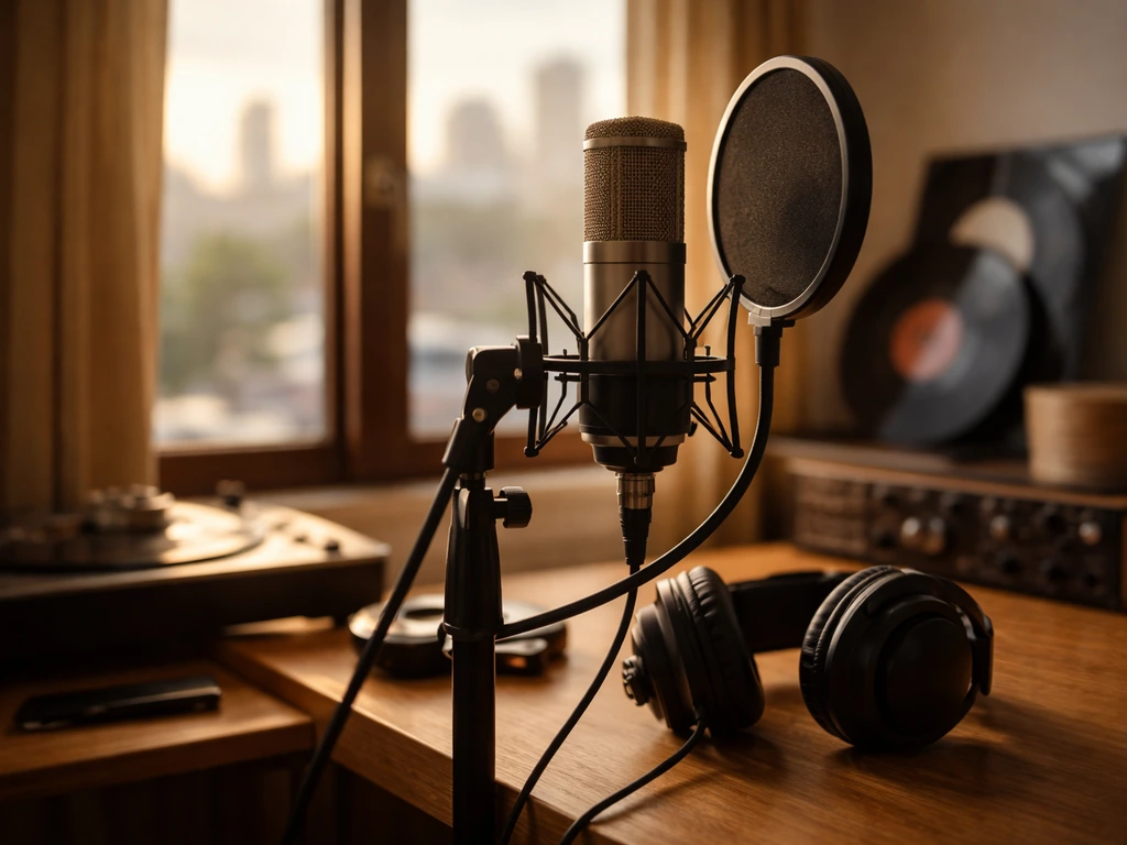 Music studio desk setup with a glowing microphone, vinyl records, and city skyline outside the window.