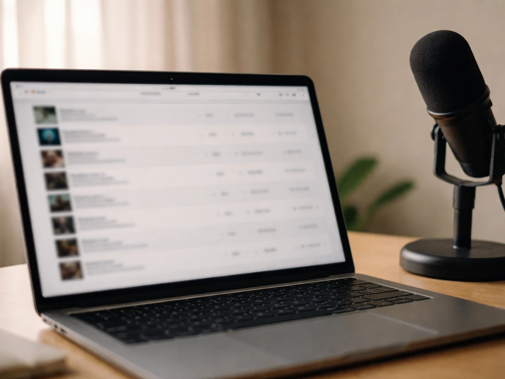 Close-up of a laptop showing a generic music streaming dashboard with blurred rows and a microphone nearby
