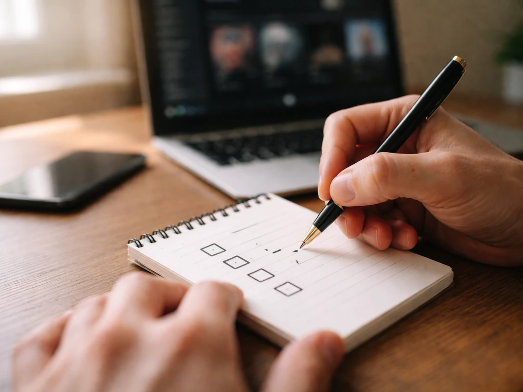 Close-up of hands writing a step-by-step checklist while a laptop shows a simple music streaming page