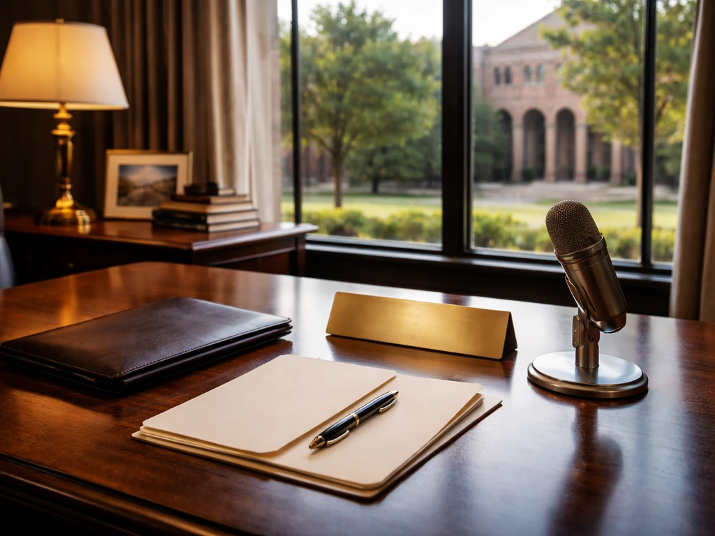 Academic office desk with a microphone and blank folders, campus view through a window, no people.