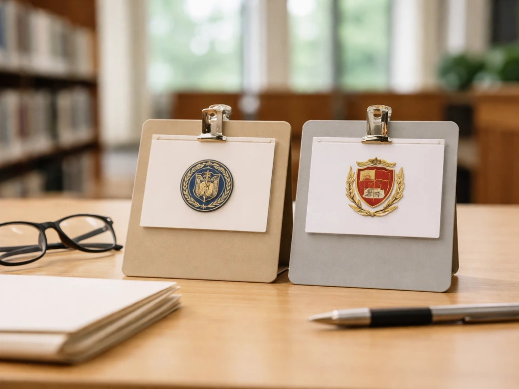 Two blurred nameplates on a desk, one with university-style seal and one with a separate academic emblem