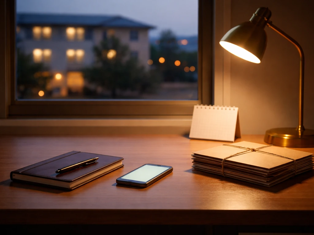 Minimal desk scene with a phone, notebook, and blurred city background symbolizing career and income timeline.