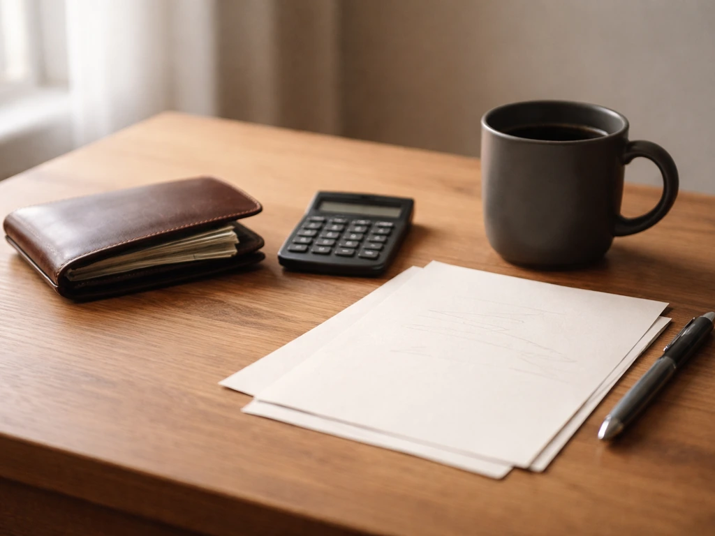 Minimal desk scene with calculator and scattered cash-like cards symbolizing net worth calculation