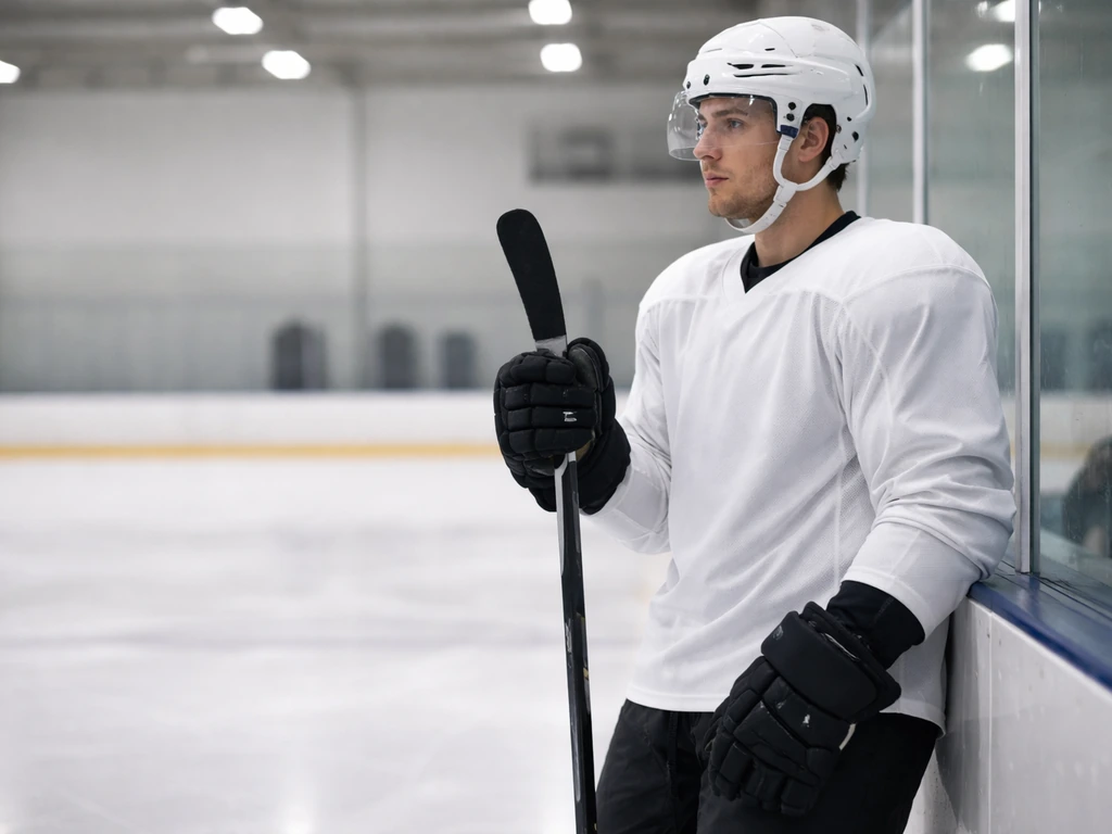 Ice hockey defenceman in full gear on an indoor rink, holding a stick near the boards at dusk light.