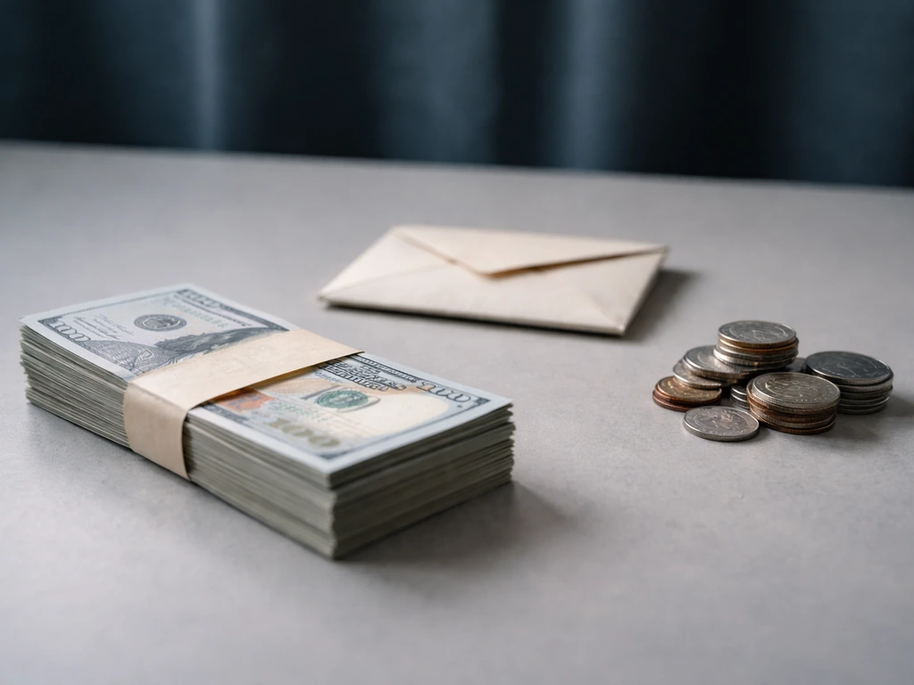Anonymous hands on a desk with separate cash, an envelope, and coins representing income categories.