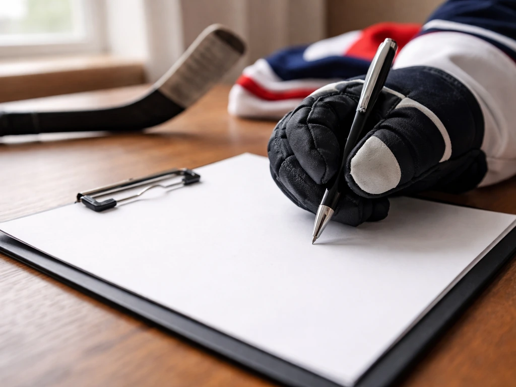 Close-up of gloved hands signing a blank hockey contract on a wooden desk beside a jersey and stick.