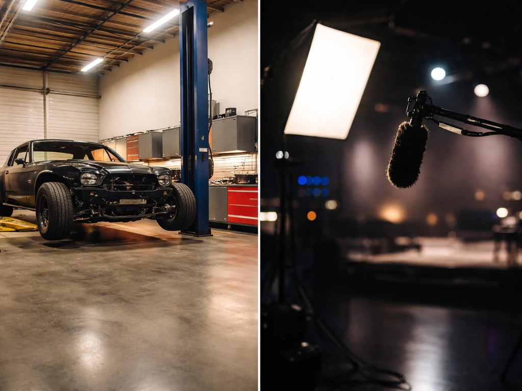 Minimal split-screen scene: custom garage interior on one side and a TV/media studio light setup on the other.