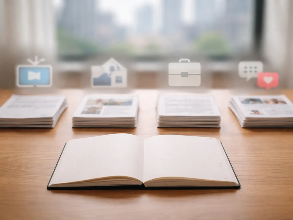 Minimal desk scene with blurred evidence icons representing TV credits, property records, filings, and social posts