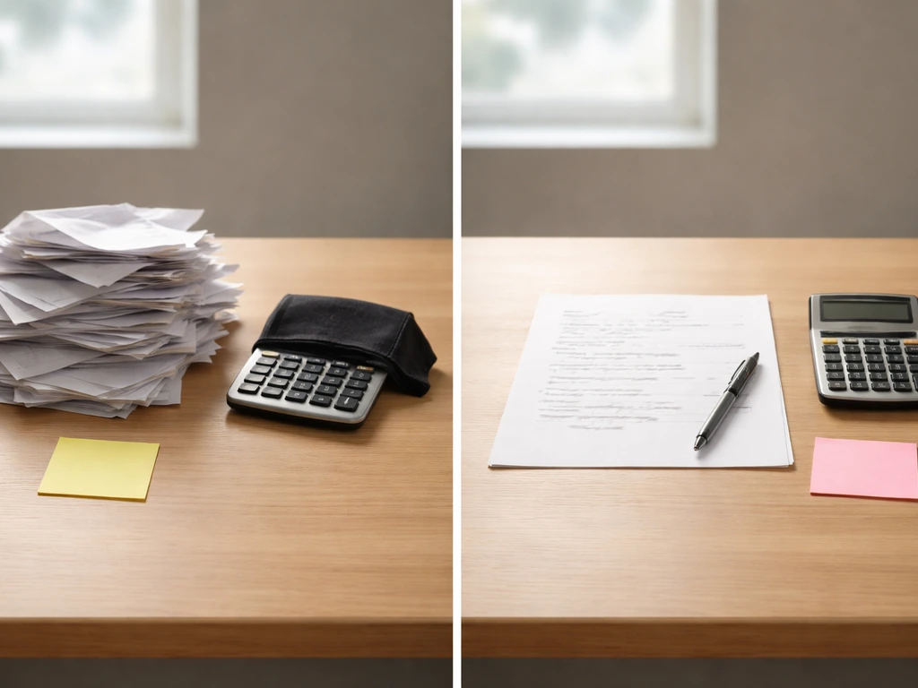 Anonymous desk with two adjacent stacks and calculators, contrasting sticky notes suggesting mismatched net worth figure