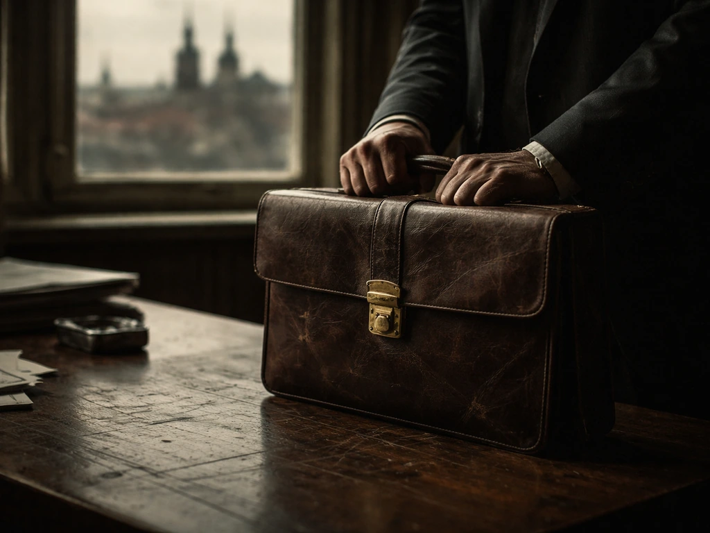 Anonymous hands holding a worn leather briefcase on a dim office desk with blurred city rooftops behind.