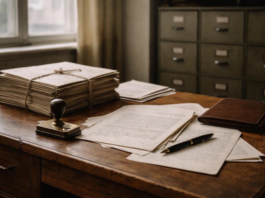 A minimal vintage office desk with manila folders and typewritten papers evoking early 1990s privatization records.