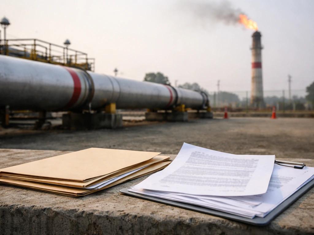 Oil pipeline and industrial flare with anonymous folders and evidence-style pages on concrete.