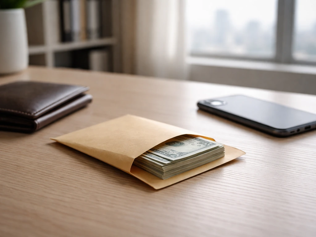 Minimal photo of a business desk with cash-filled envelope and smartphone, symbolizing wealth estimation